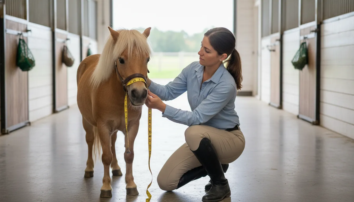 Owner measuring a miniature horse for a mini horse fly mask