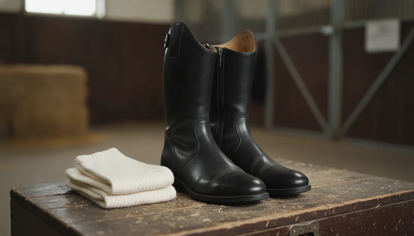 Short black paddock boots beside folded mid-calf knit socks on a wooden tack trunk