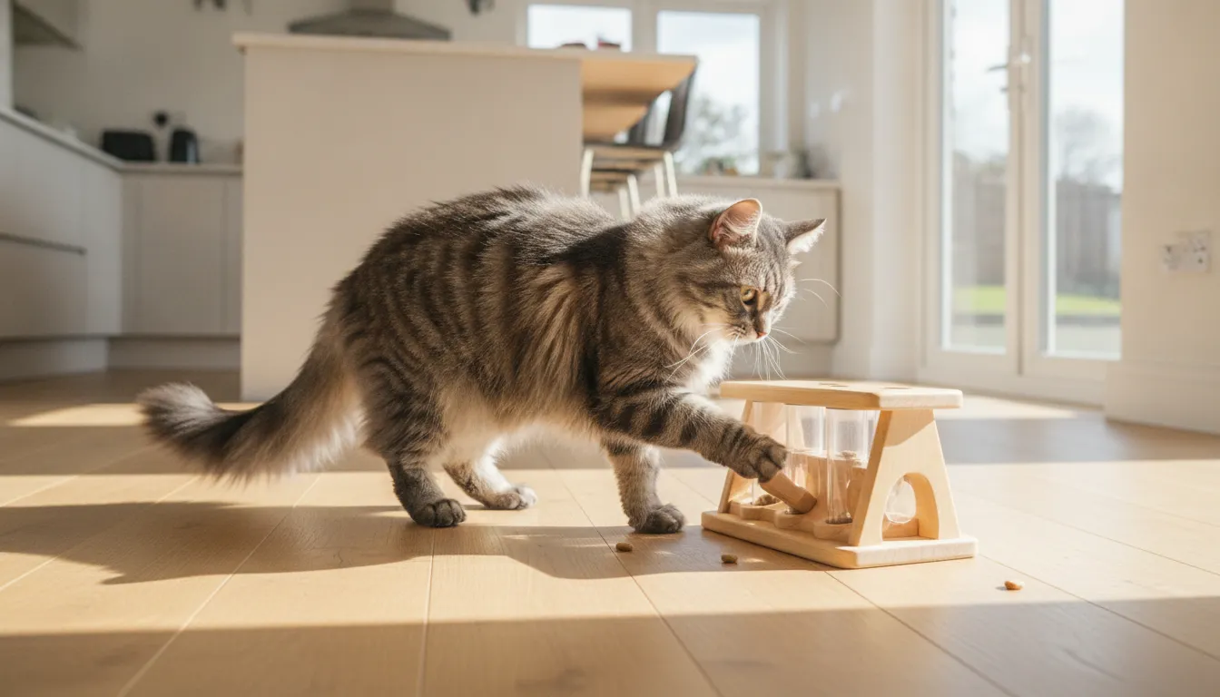 A gray cat working a puzzle feeder interactive cat toy to reach treats on the kitchen floor