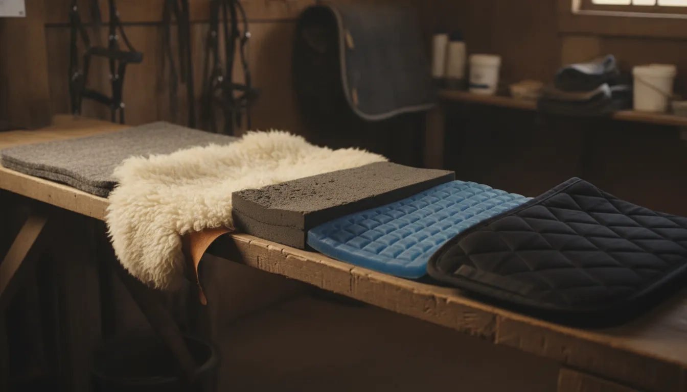 Wool felt, sheepskin, foam, gel, and synthetic saddle pad materials arranged side by side in a tack room