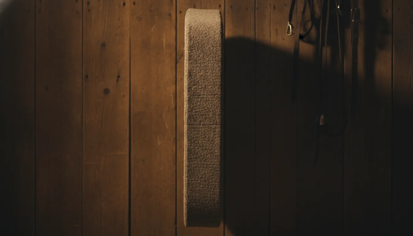 Thick pressed wool felt western saddle pad standing upright in side profile showing its cushioning thickness