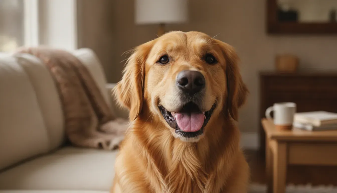 Golden retriever with a shiny, healthy coat after omega-3 supplementation