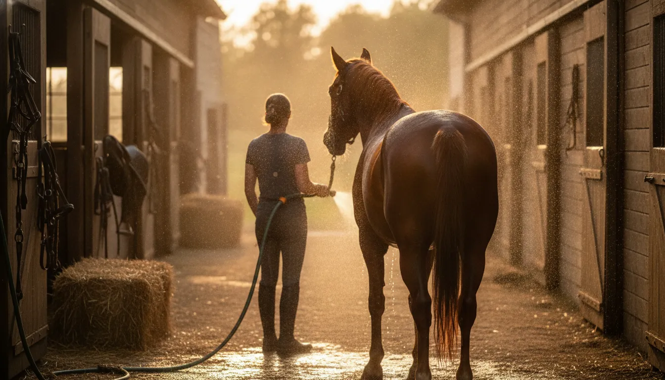 Owner hosing off a chestnut horse in a sunlit barn aisle after exercise