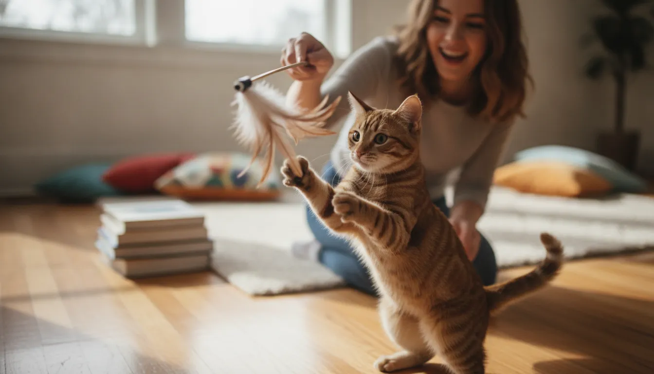 A tabby cat batting at a feather wand interactive toy while its owner plays on the living room floor