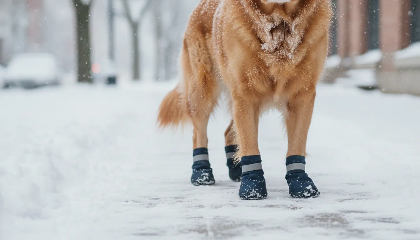 Dog standing on a snowy sidewalk wearing four snug winter boots with treaded soles