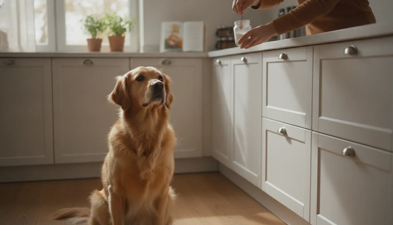 Pet owner mixing probiotic powder into a dog's food bowl in a bright kitchen with the dog watching