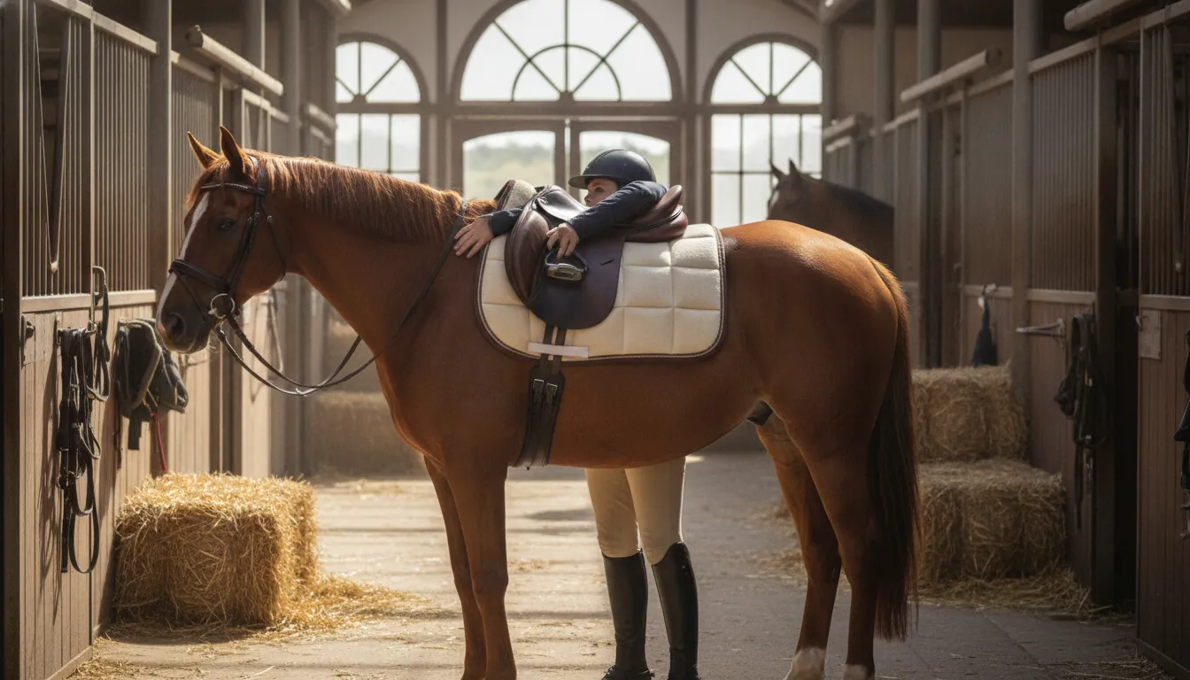 Wool and felt saddle pad being fitted to a horse beneath an English saddle