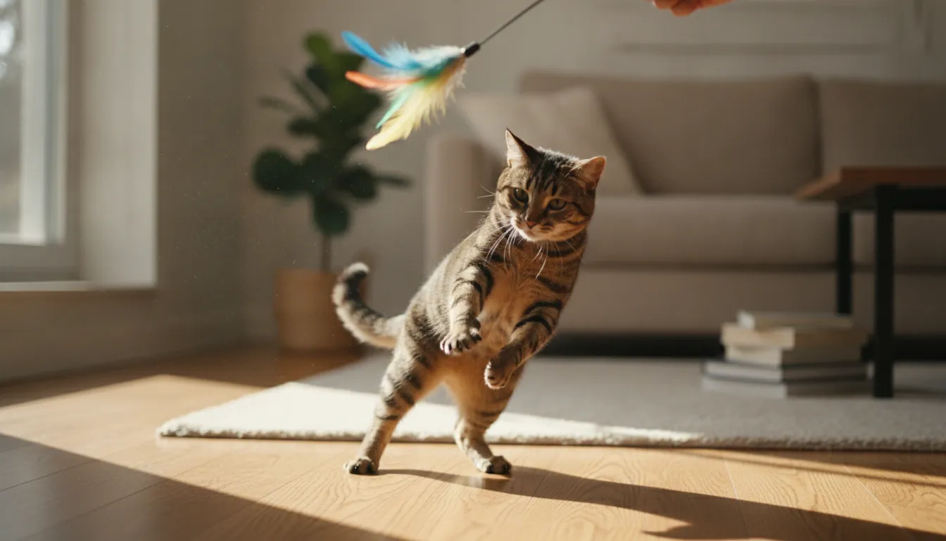 Tabby cat playing with the best cat toys for bored cats using a feather wand