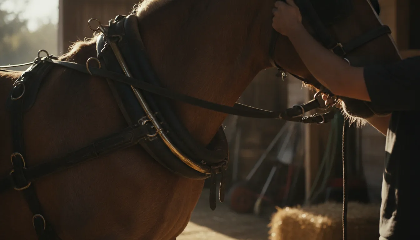 Handler fitting a leather horse collar with brass hames on a draft horse at a farm