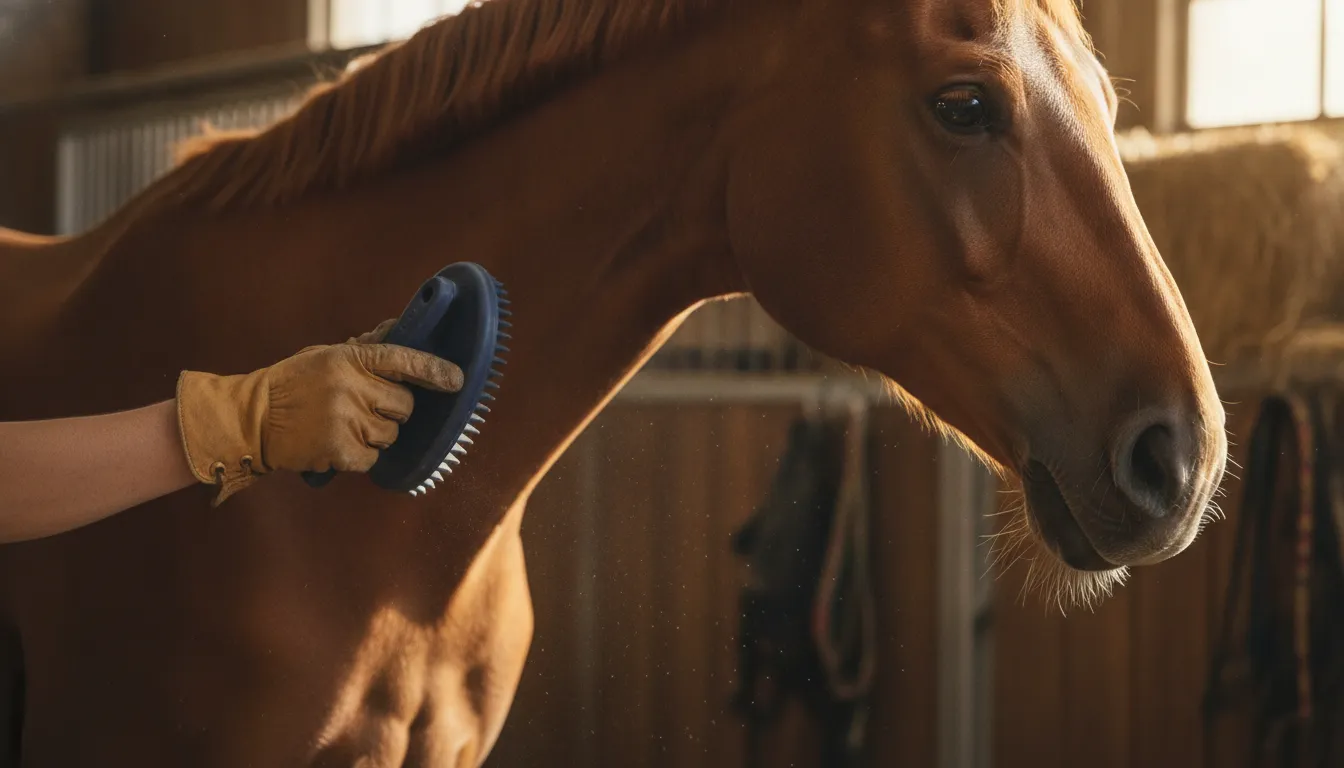 Hand using a rubber curry comb to groom a calm chestnut horse's coat in a barn