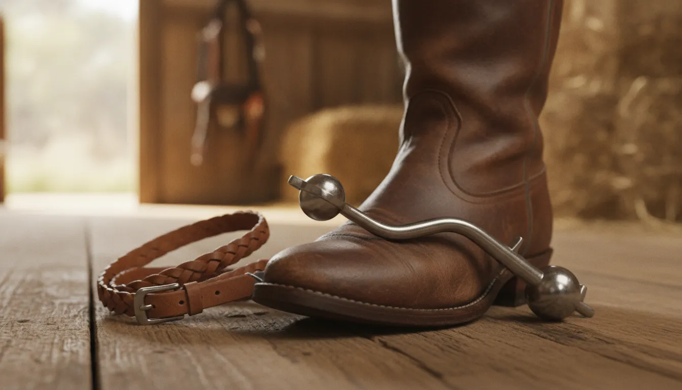 Western roller ball spur with a round rolling tip resting beside a leather spur strap on a riding boot