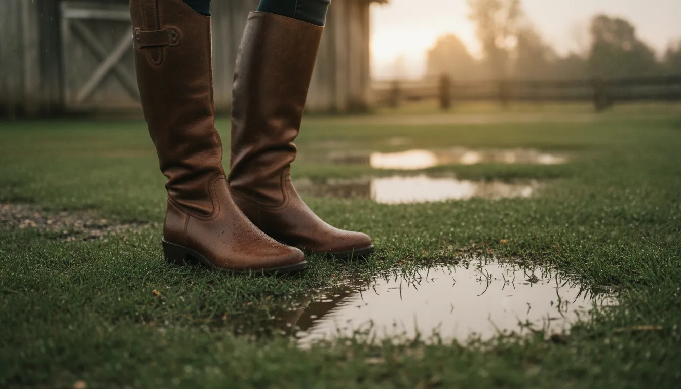 Waterproof women's leather riding boots with a heel standing on wet grass after rain