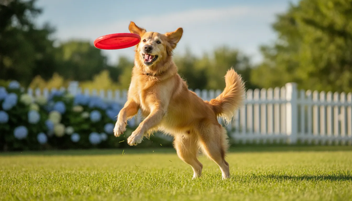 Active senior dog moving joyfully outdoors, showing healthy joints and mobility