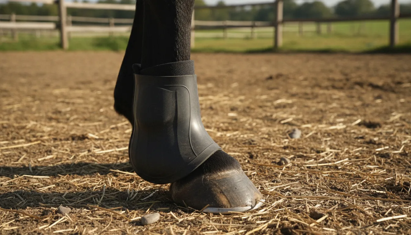 Horse moving through a field while its legs are observed for signs of overreaching