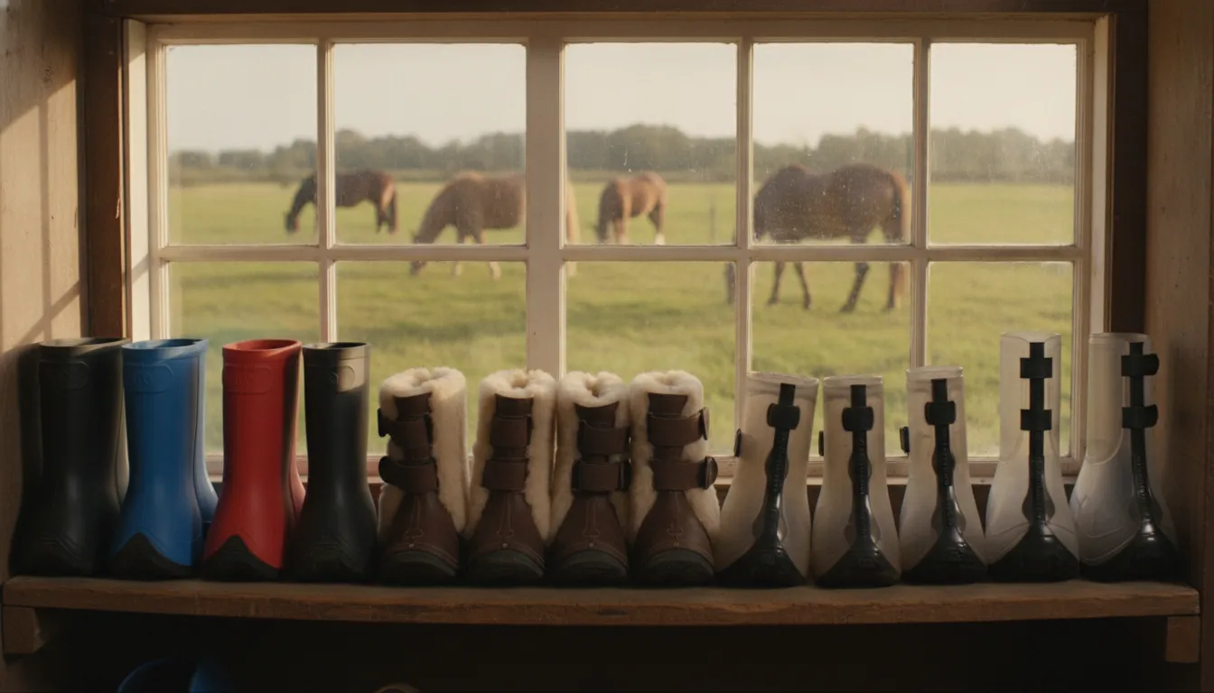 Horse wearing protective bell boots during riding through a field
