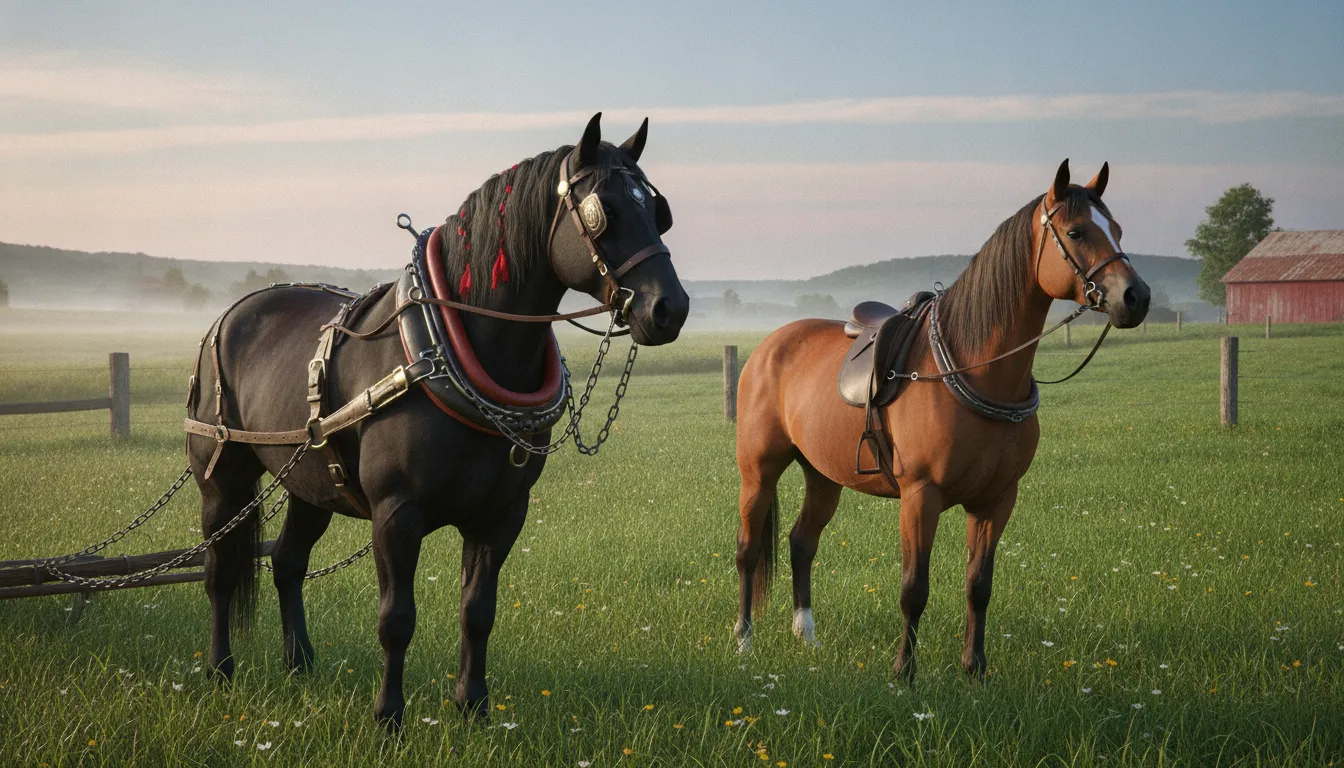 Comparison of a draft horse in a full work collar and a lighter horse with a breast collar in a pasture
