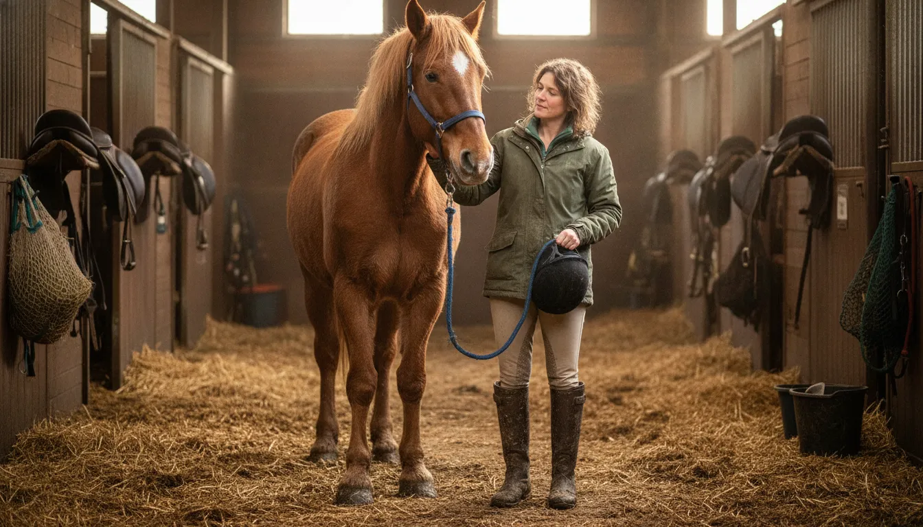 Rider in waterproof tall riding boots with a heel standing beside a horse in a barn aisle