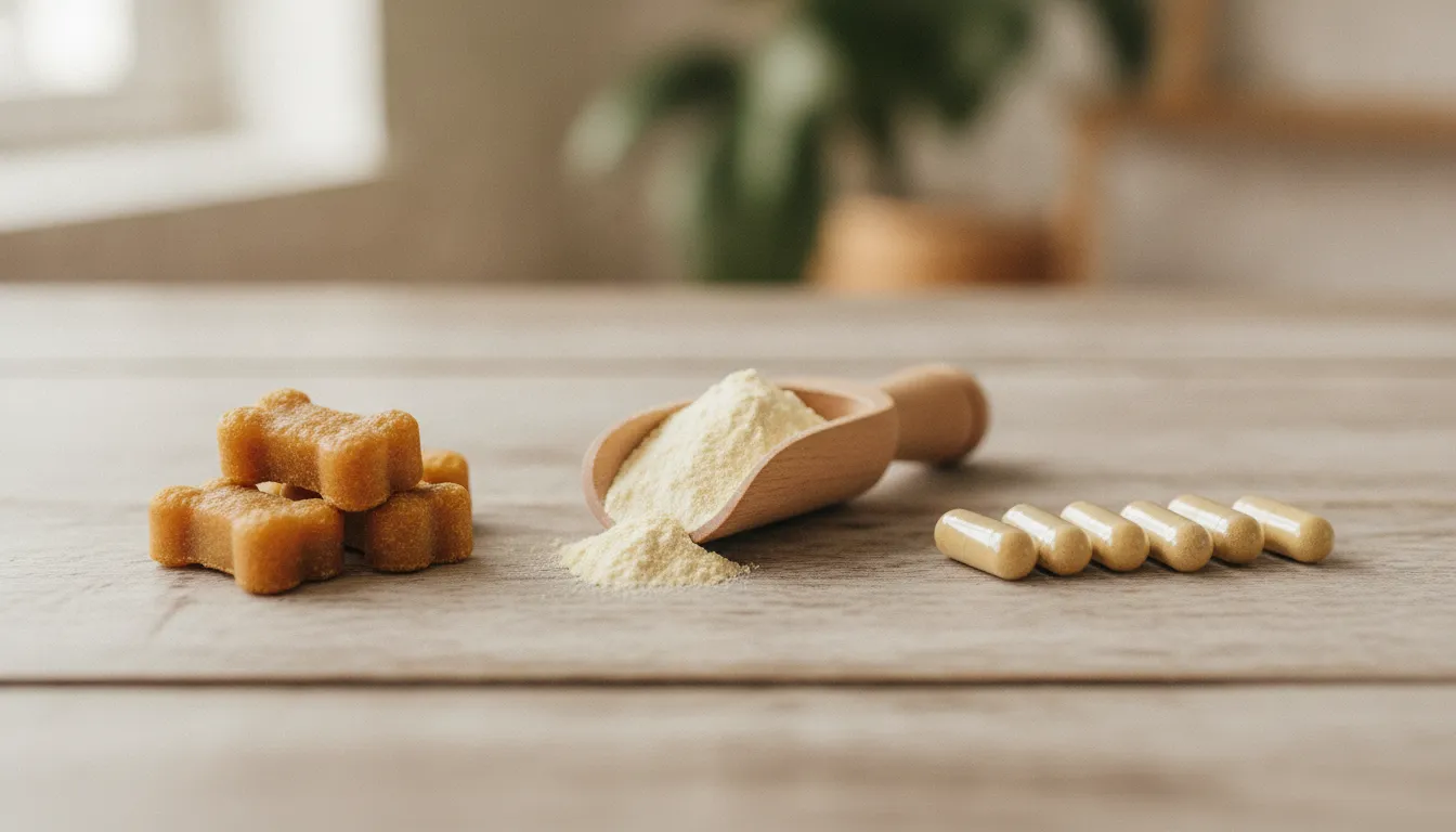 Assortment of pet probiotic formats arranged on a wooden table including powder, soft chews, and capsules