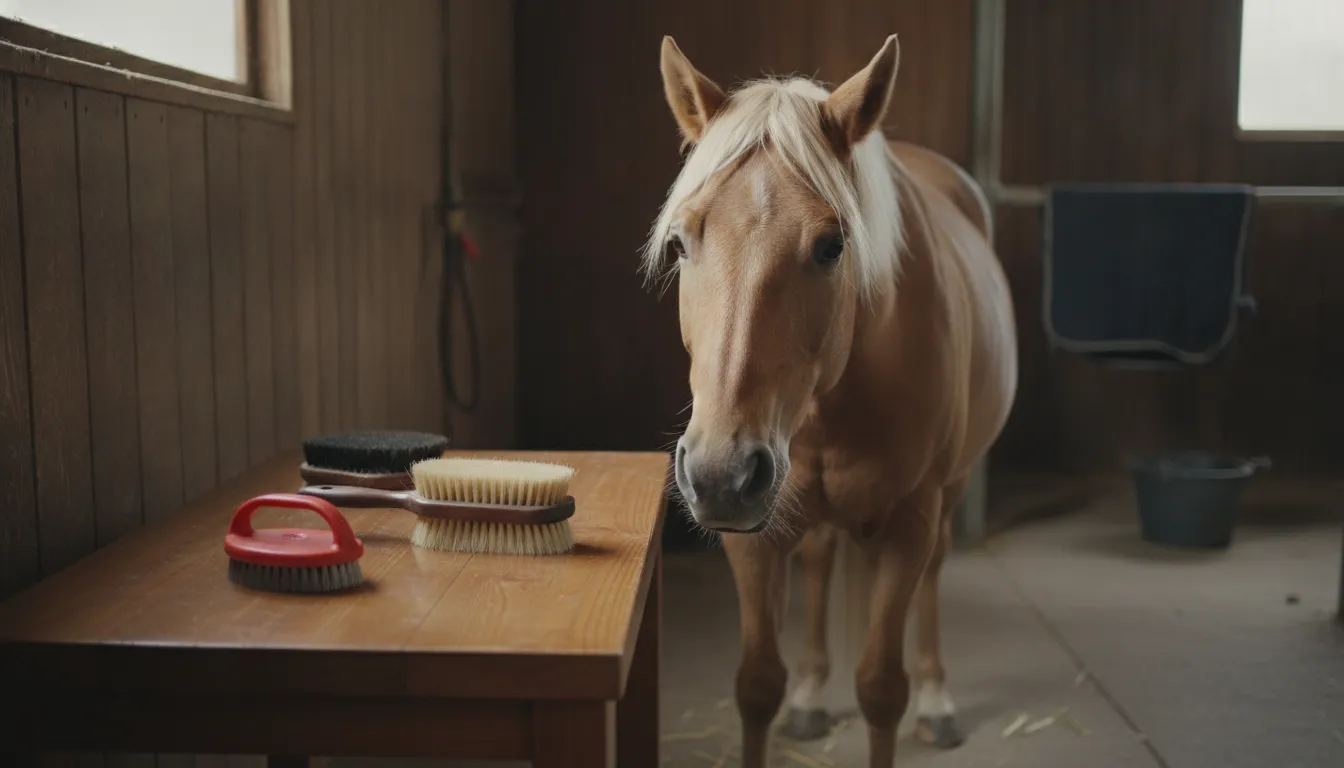 Grooming station with a rubber curry comb and finishing brushes beside a friendly horse in a stall