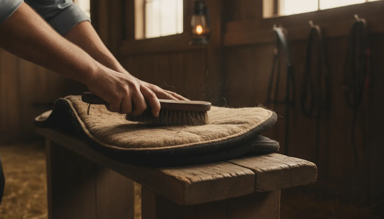 Brushing a wool felt western saddle pad to remove dirt and sweat during tack care