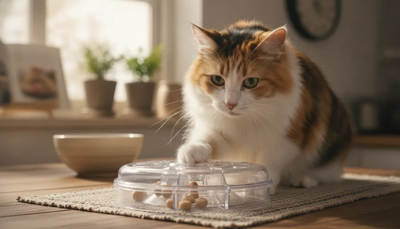 Calico cat using the best cat toys for bored cats in a food puzzle feeder