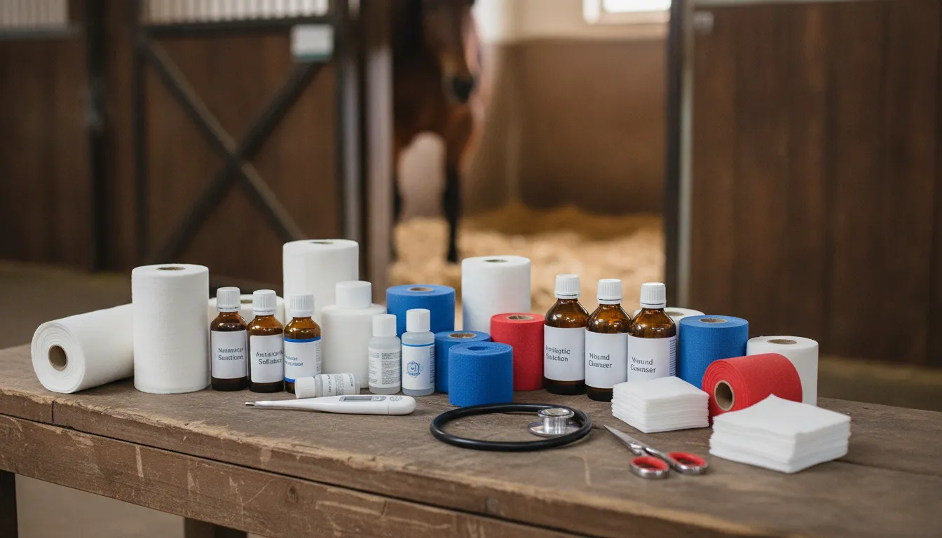 Complete equine first aid kit with bandages, vet wrap, antiseptic bottles, thermometer, stethoscope, scissors, and gauze arranged on a wooden barn bench
