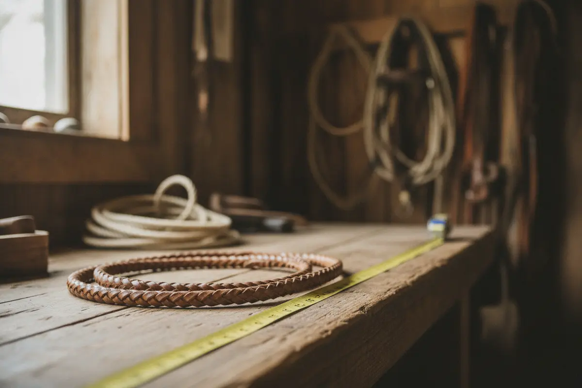 Measuring tape beside a western rein laid flat on a tack-room surface