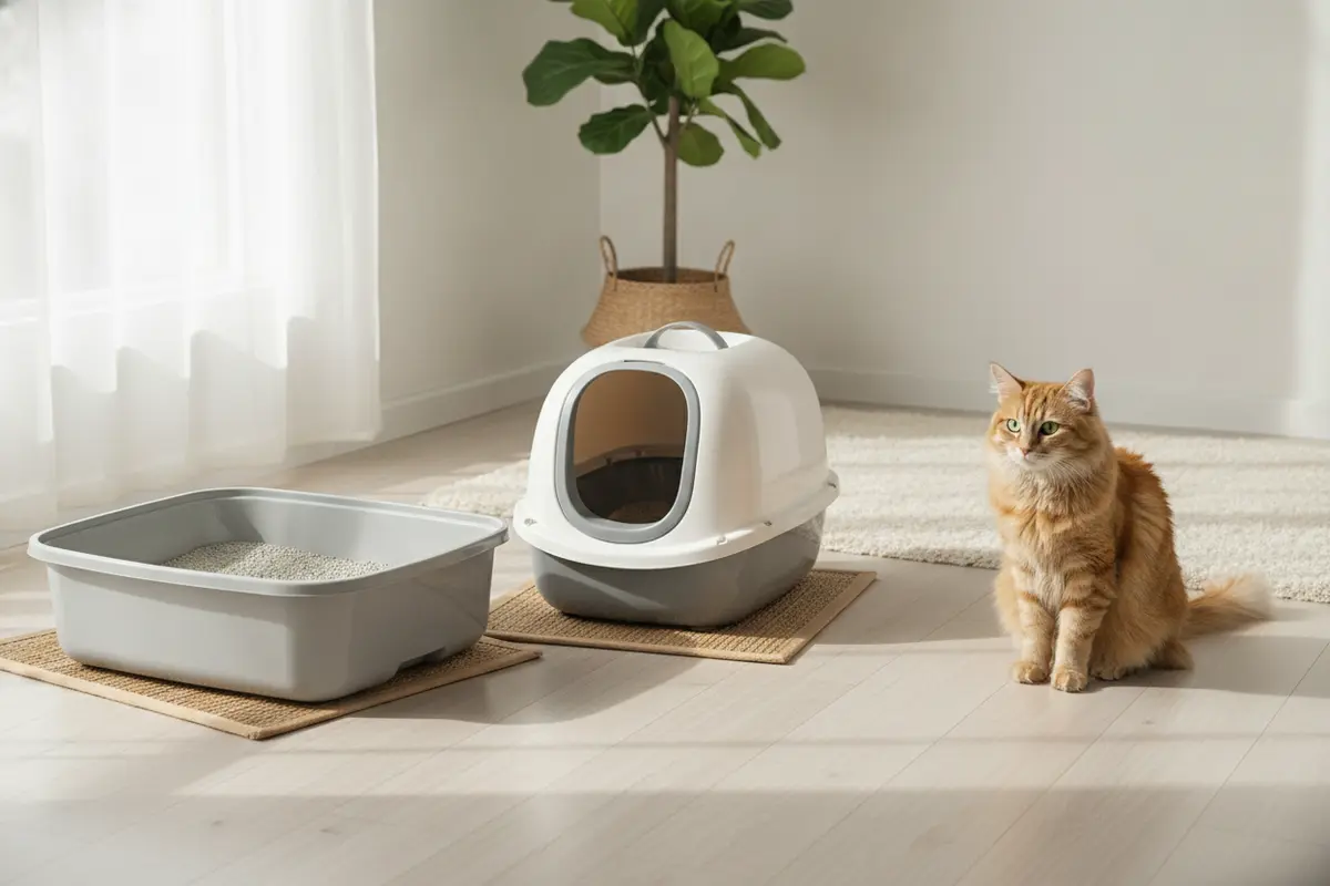 Open and covered litter box styles shown in a clean, uncluttered home setting