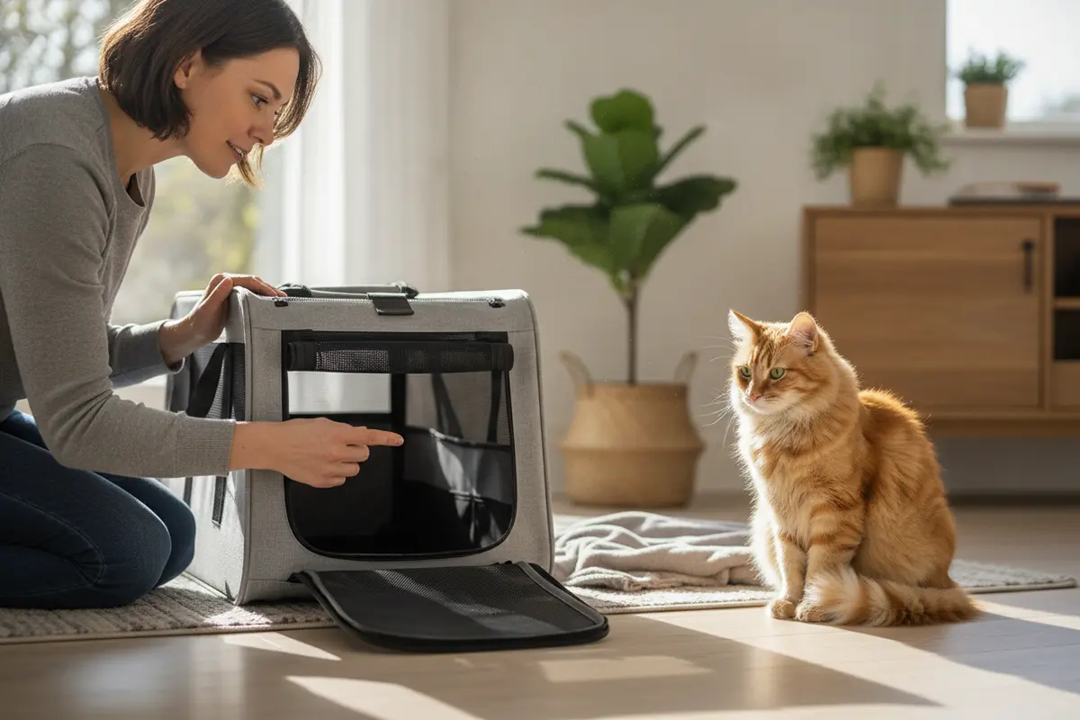 Owner checking a pet carrier opening and interior space at home