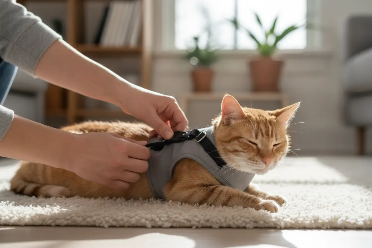Owner checking the position and straps of a cat harness indoors
