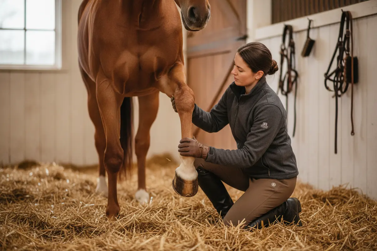 Owner gently checking a horse's lower leg and hoof during a calm grooming routine