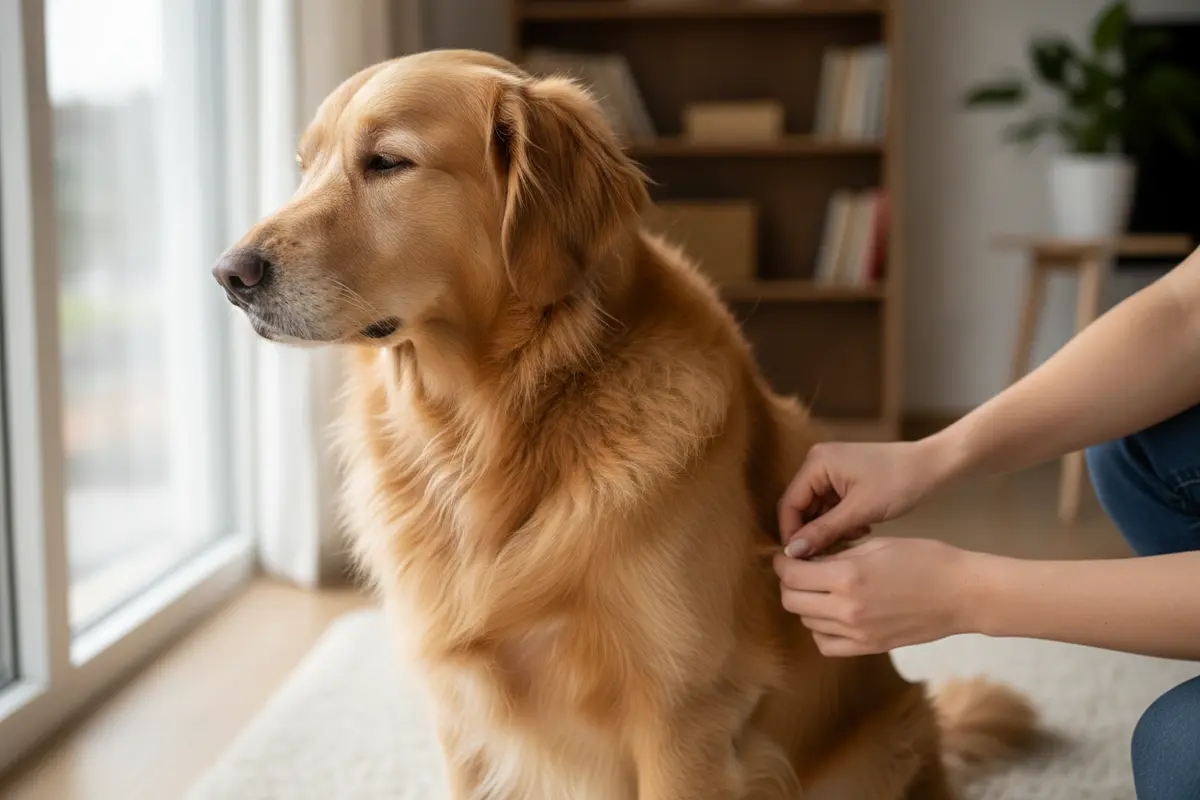 Owner gently parts a dog's coat to look for visible skin changes