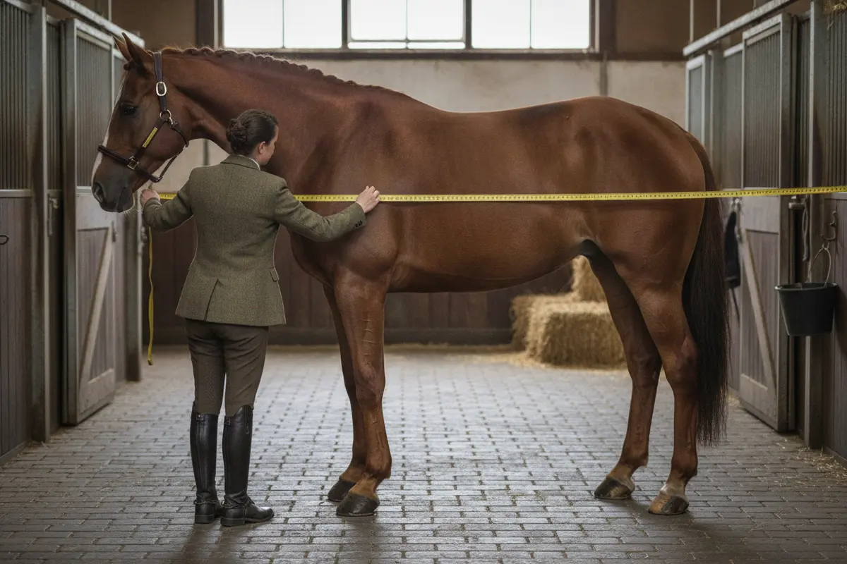 Owner measuring along a horse's side from the center of the chest toward the tail