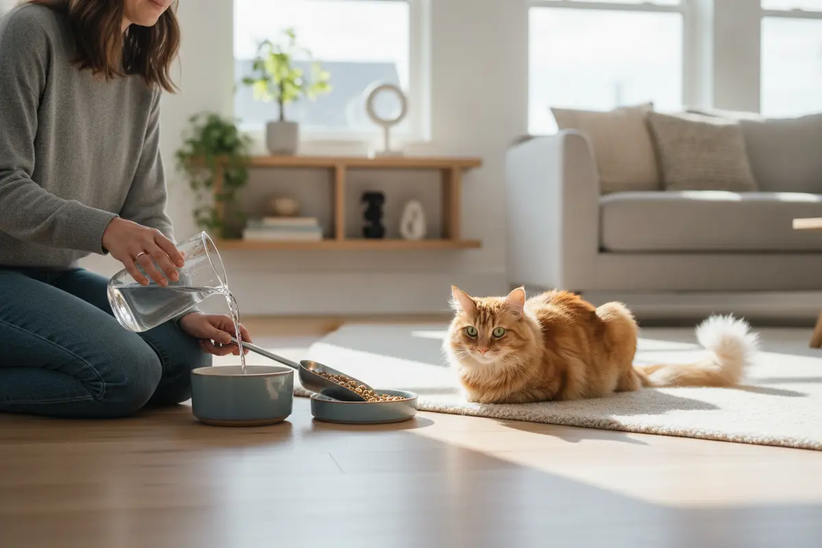 Owner refreshes a cat's food and water in a clean home
