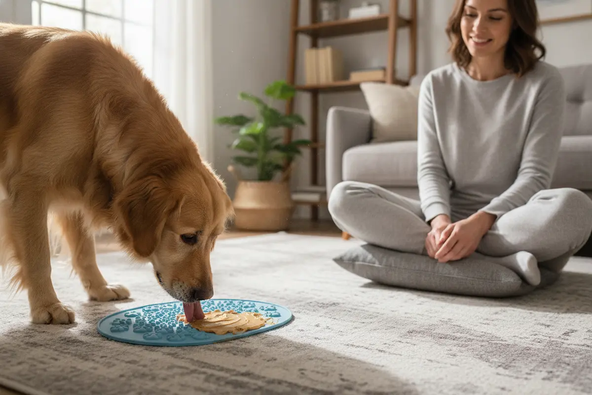 Owner supervising a dog using a lick mat at home