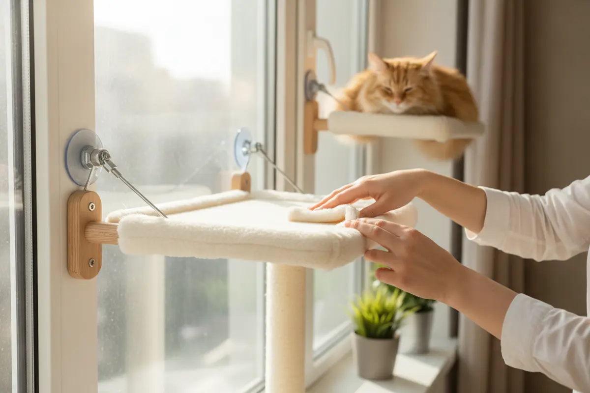 Pet owner checking the clean fabric and hardware on a cat perch