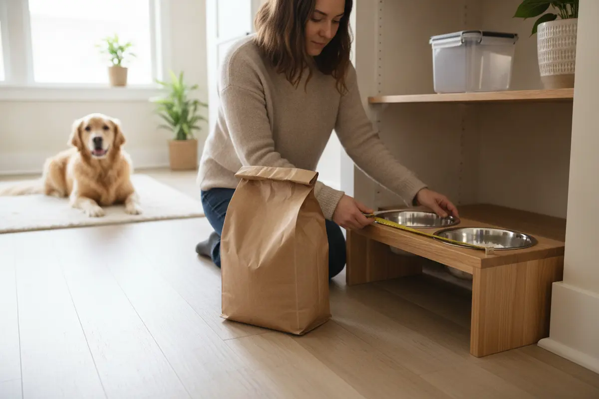 Pet owner measures a space for a dog food storage container