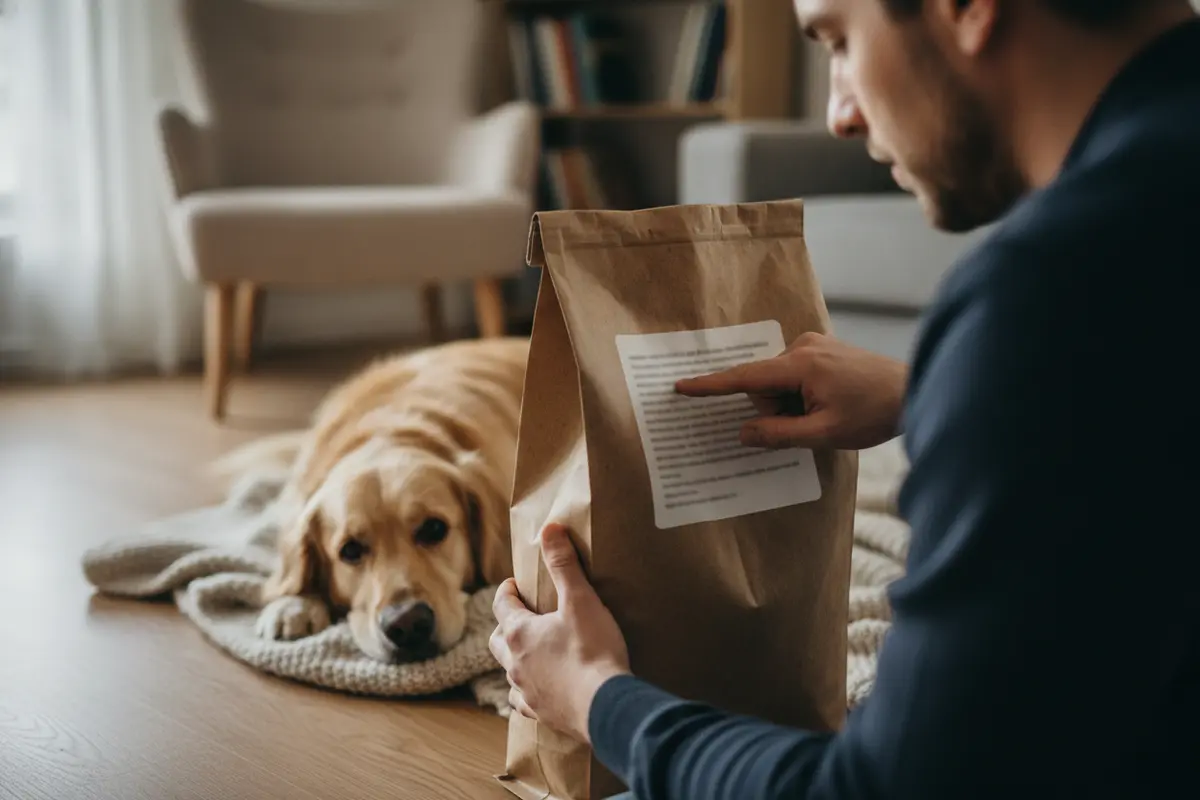 Pet owner reading the ingredient panel on a dog food package