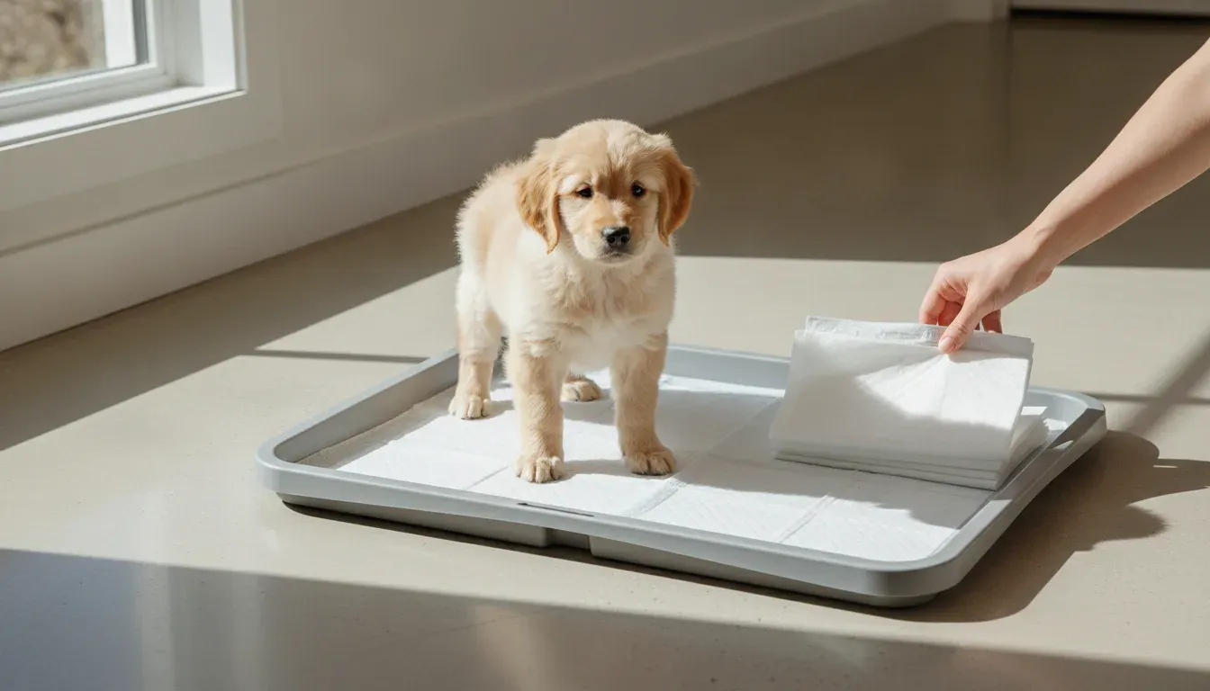 Puppy standing on a training pad inside a low tray in a bright home