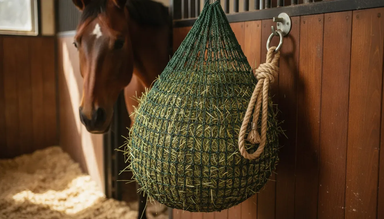 Secure slow feed hay net setup with short rope and a horse nearby