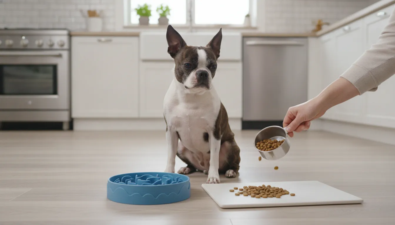Small dog beside a shallow silicone slow feeder bowl for gentle mealtime pacing