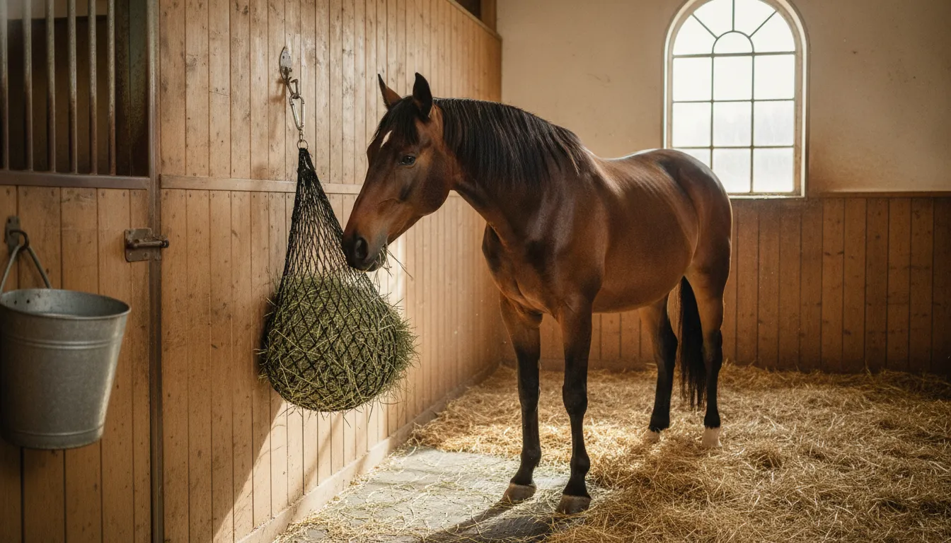 Bay horse calmly eating grass hay from a slow-feed hay net in a bright stable