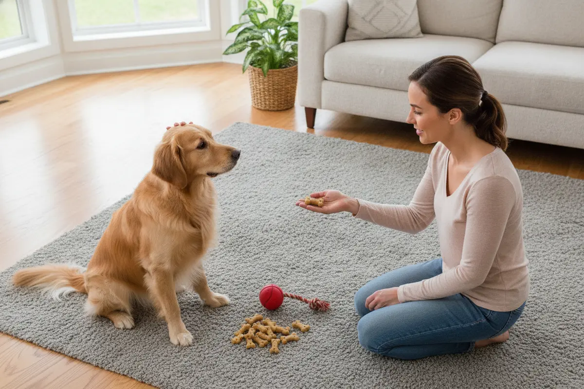 Small dog training treats and a toy are ready for a short reward-based practice session