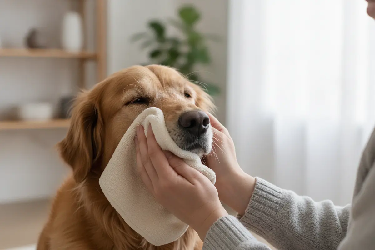 Soft cloth ready for gentle cleaning of a dog's facial hair beneath the eyes