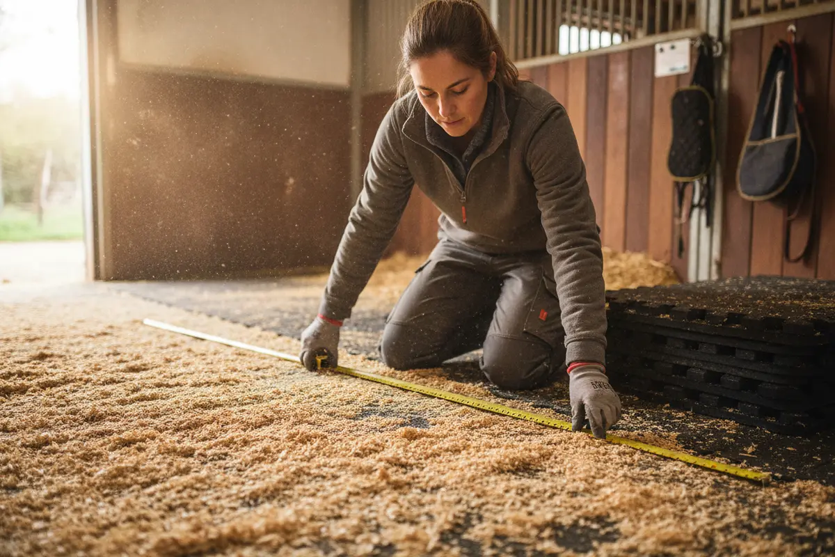 Stable owner checks a prepared stall floor before fitting rubber mats