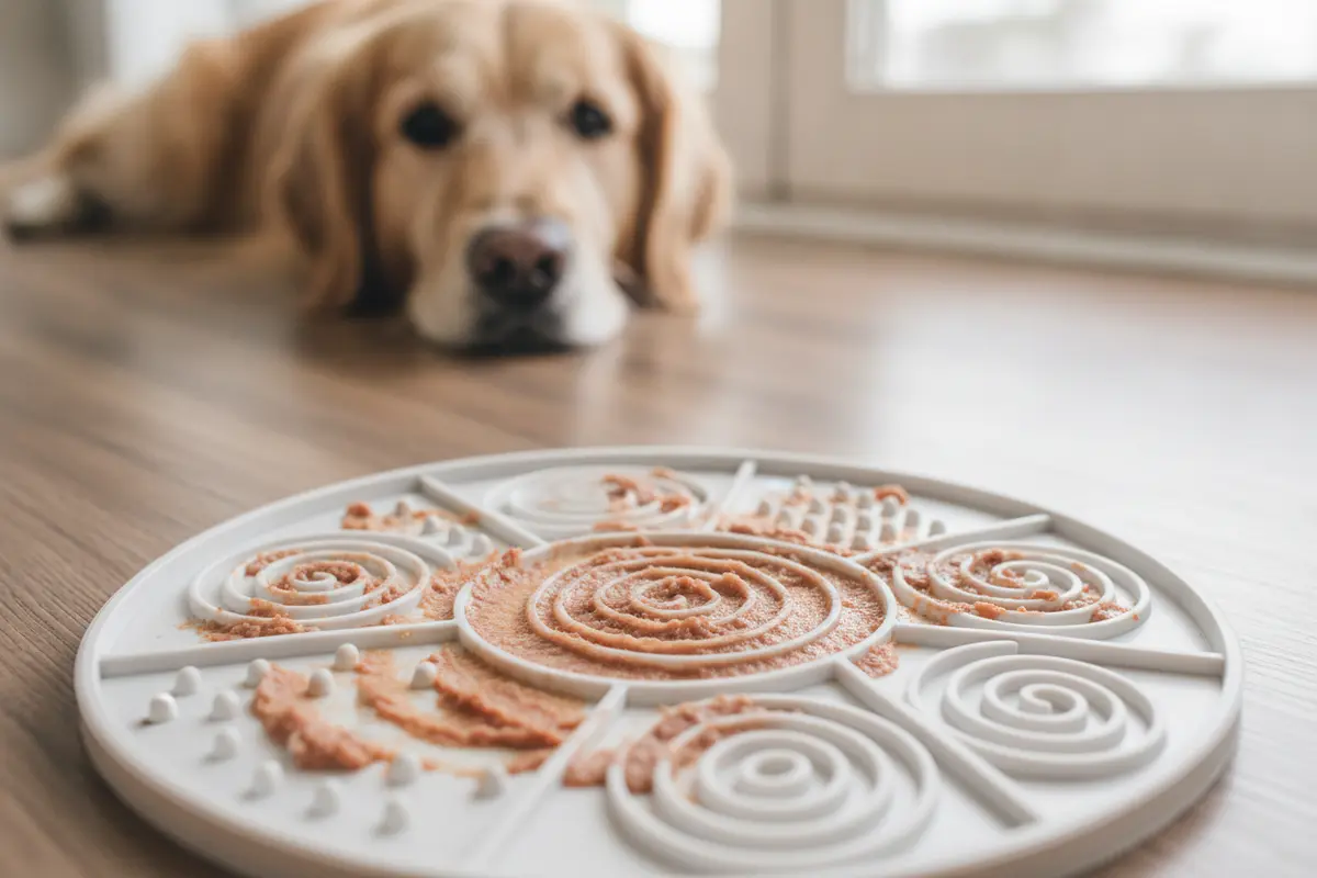 Textured lick mat with a thin layer of food in its grooves