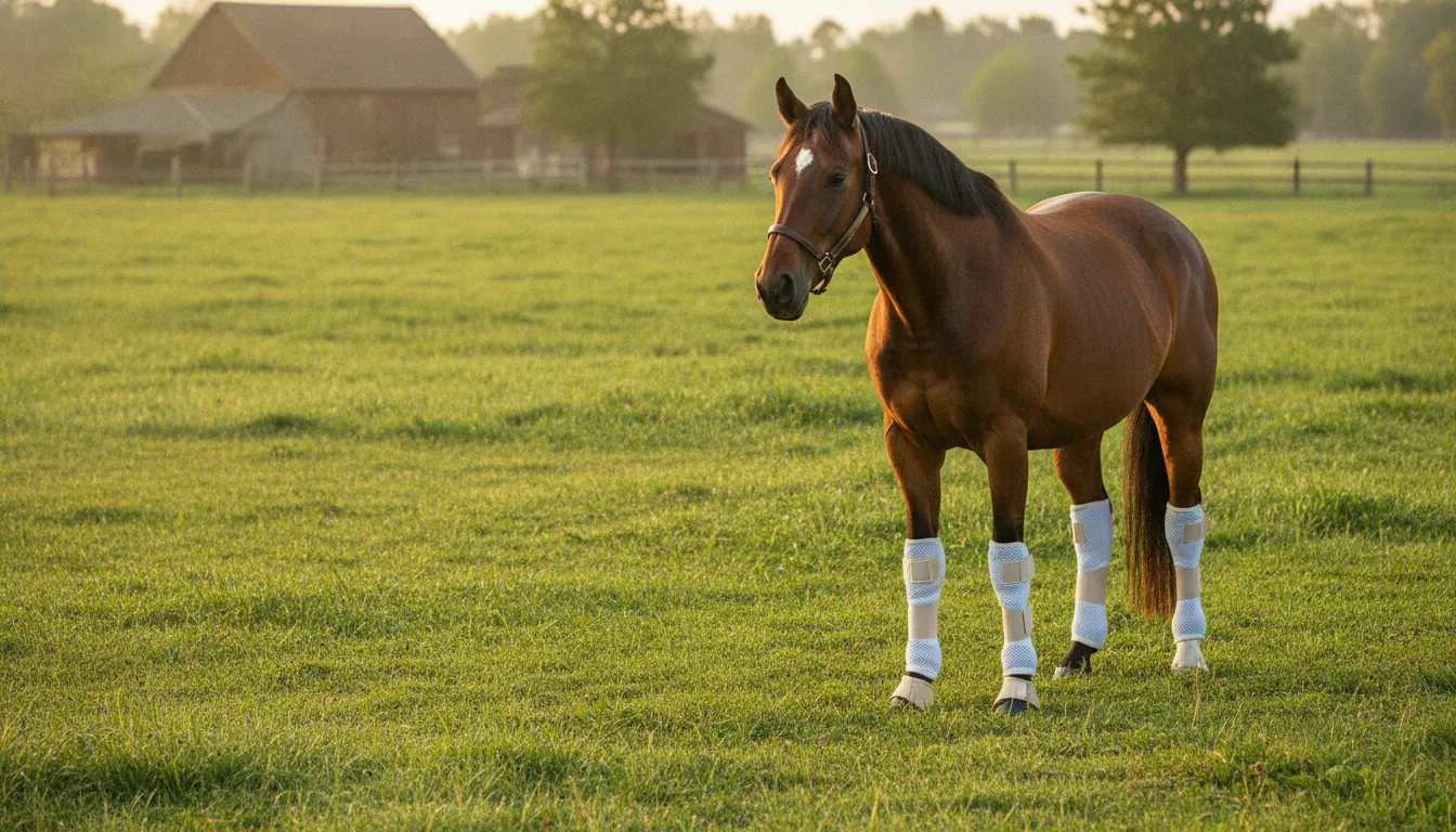 Bay horse wearing fitted turnout socks in a green pasture