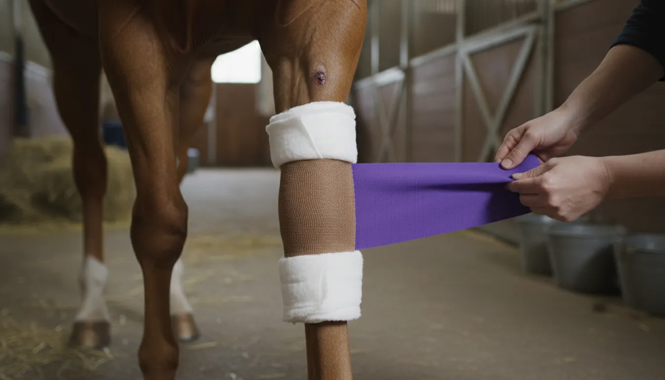 Three-layer leg bandage on a horse showing white padding, brown gauze, and blue VetWrap layers applied correctly