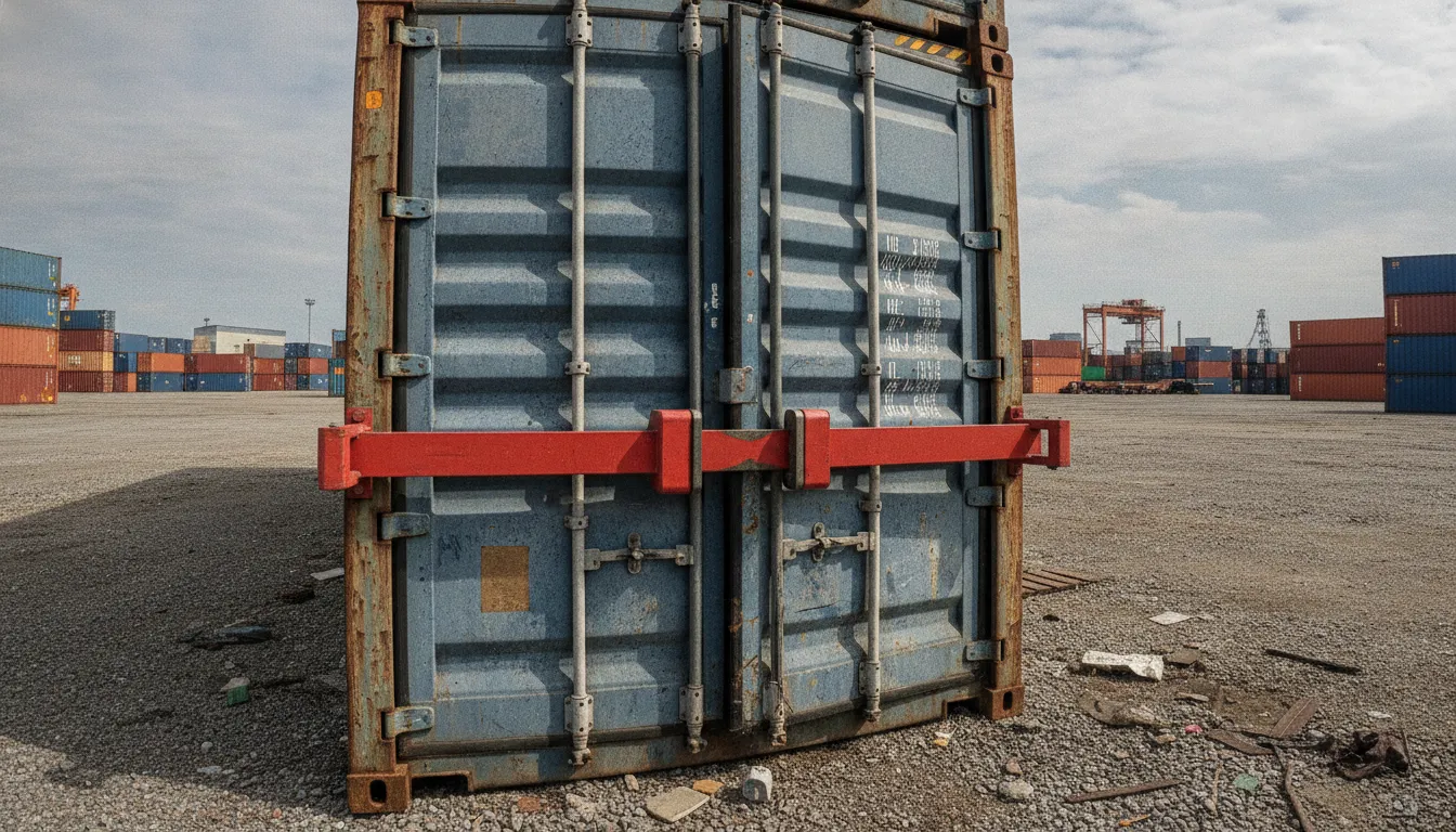 Red crossbar lock securing shipping container door bars