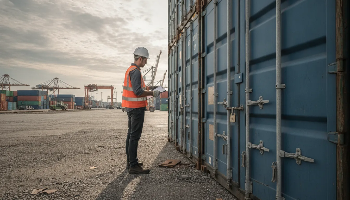 Worker inspecting shipping container locking hardware